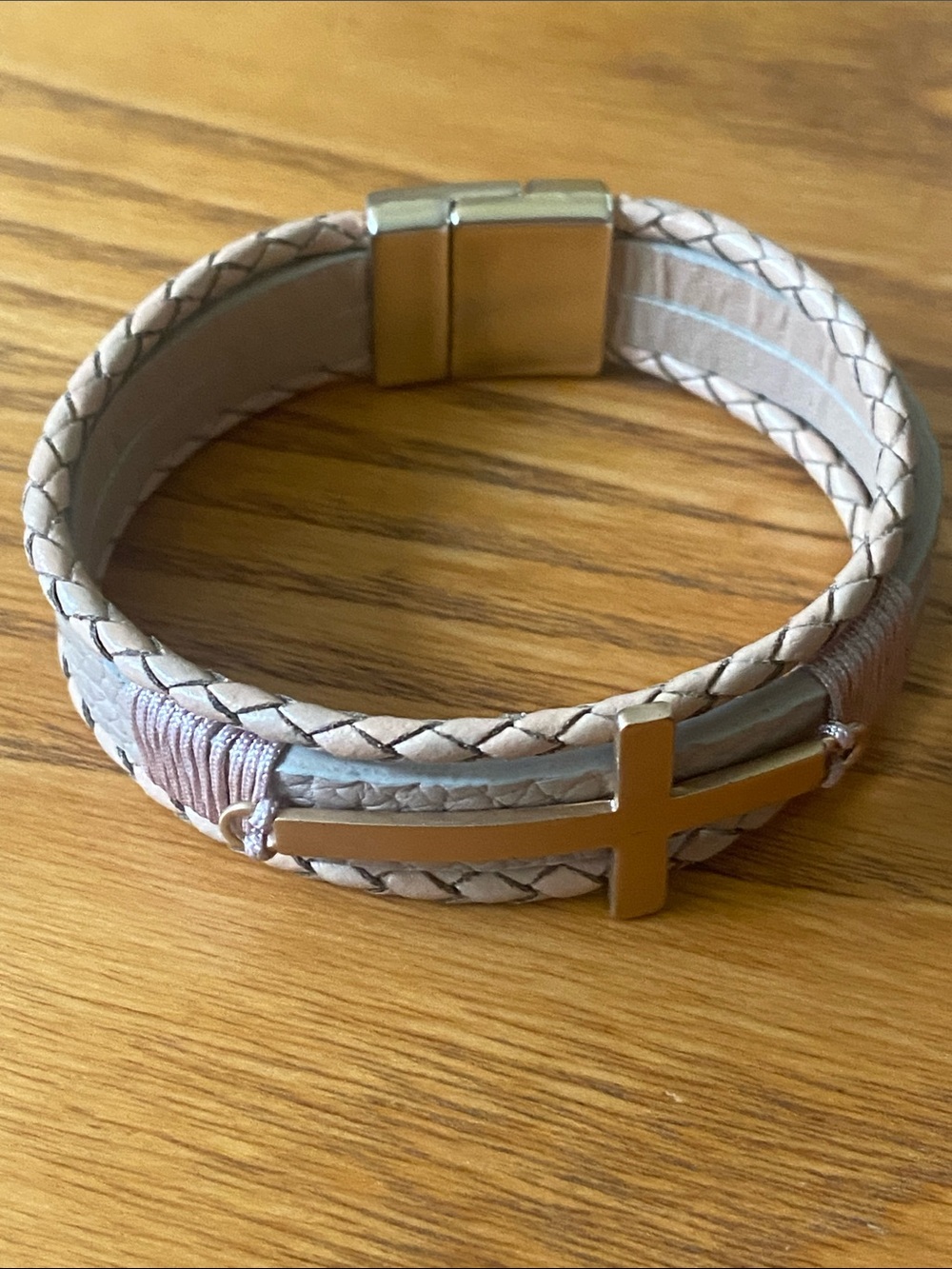Women's Beige Braided Leather Bracelet with Gold Cross Accent